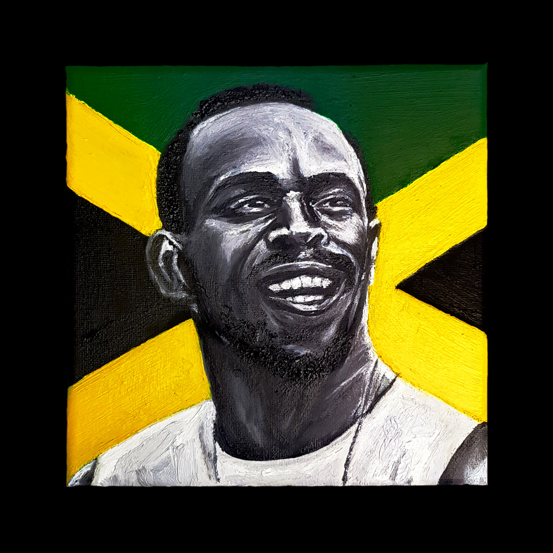 Painting of Usain Bolt in front of Jamaican Flag