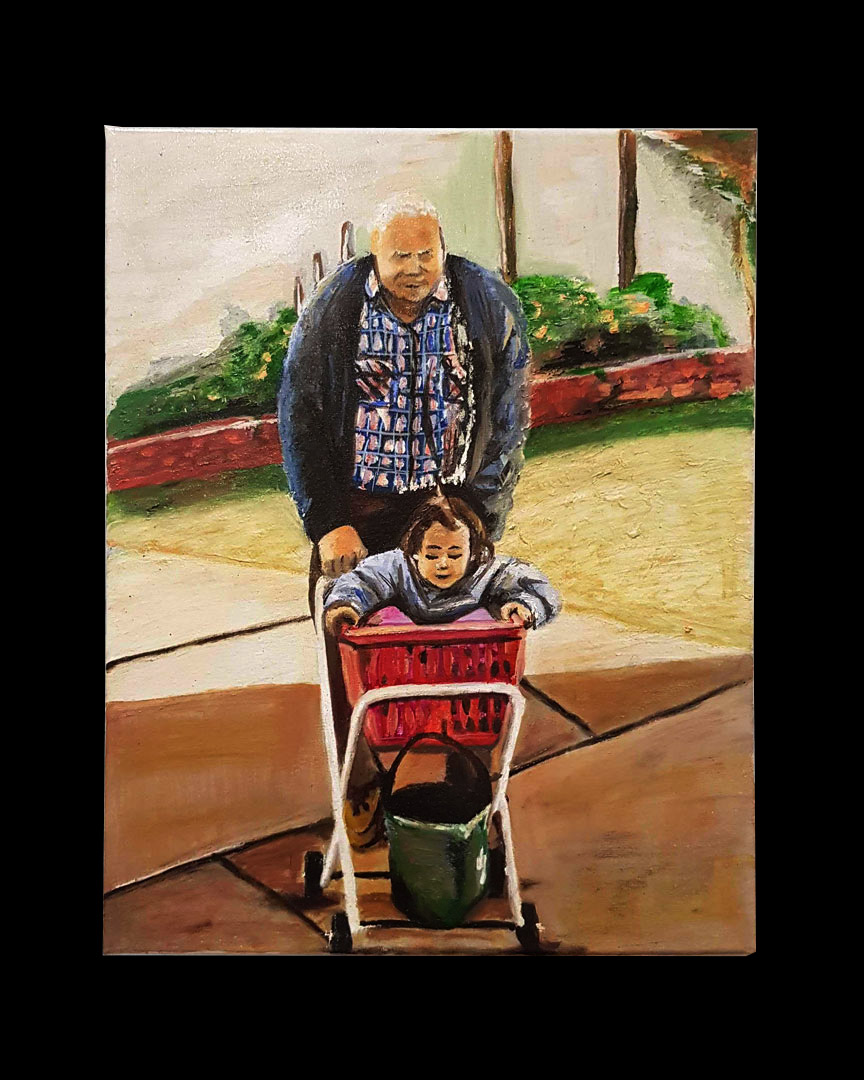 Painting of a grandfather pushing a granddaughter in a trolley