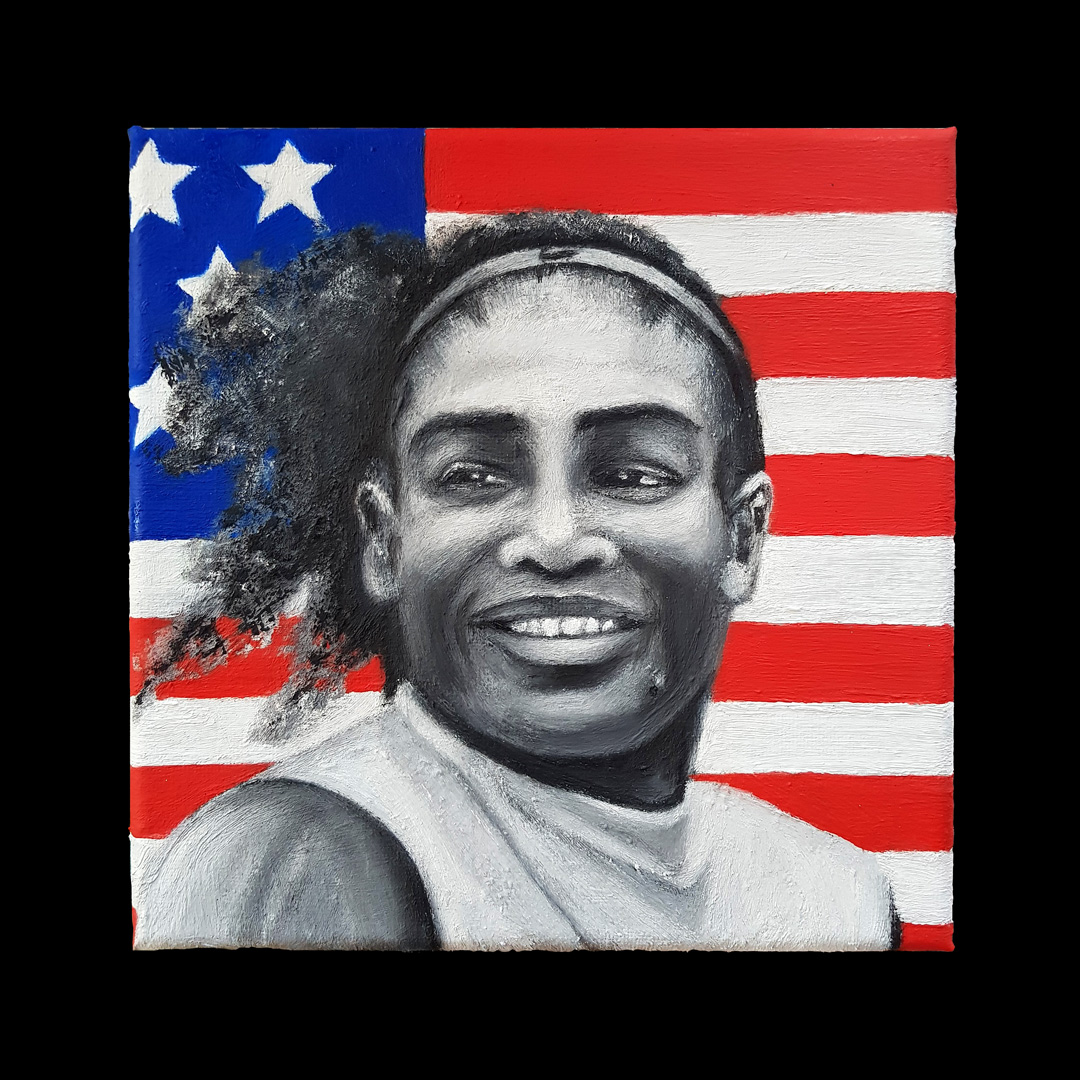 Painting of Serena Williams in front of American Flag